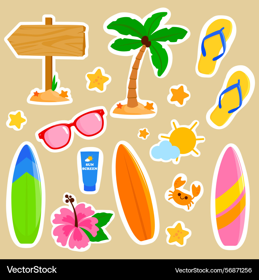 Colorful summer surfing sticker sheet set Vector Image