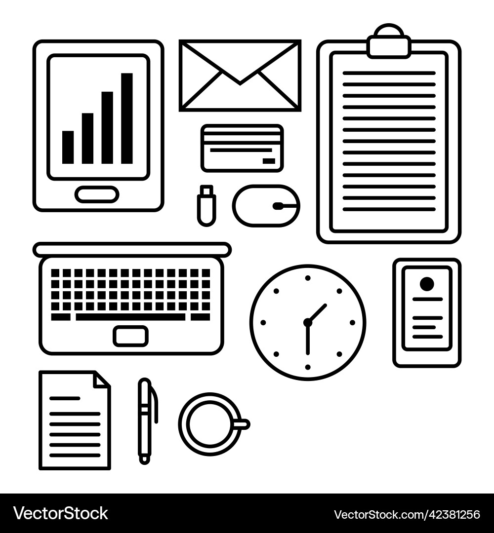 Office object outline icon set on white background Vector Image