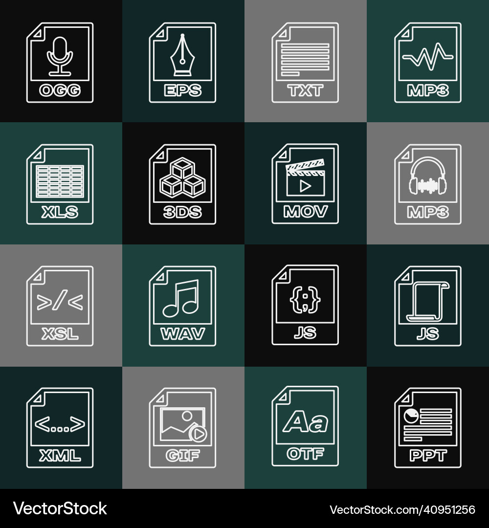 Set line ppt file document js mp3 txt 3ds xls Set line ppt file document js mp3 txt 3ds xls vector image