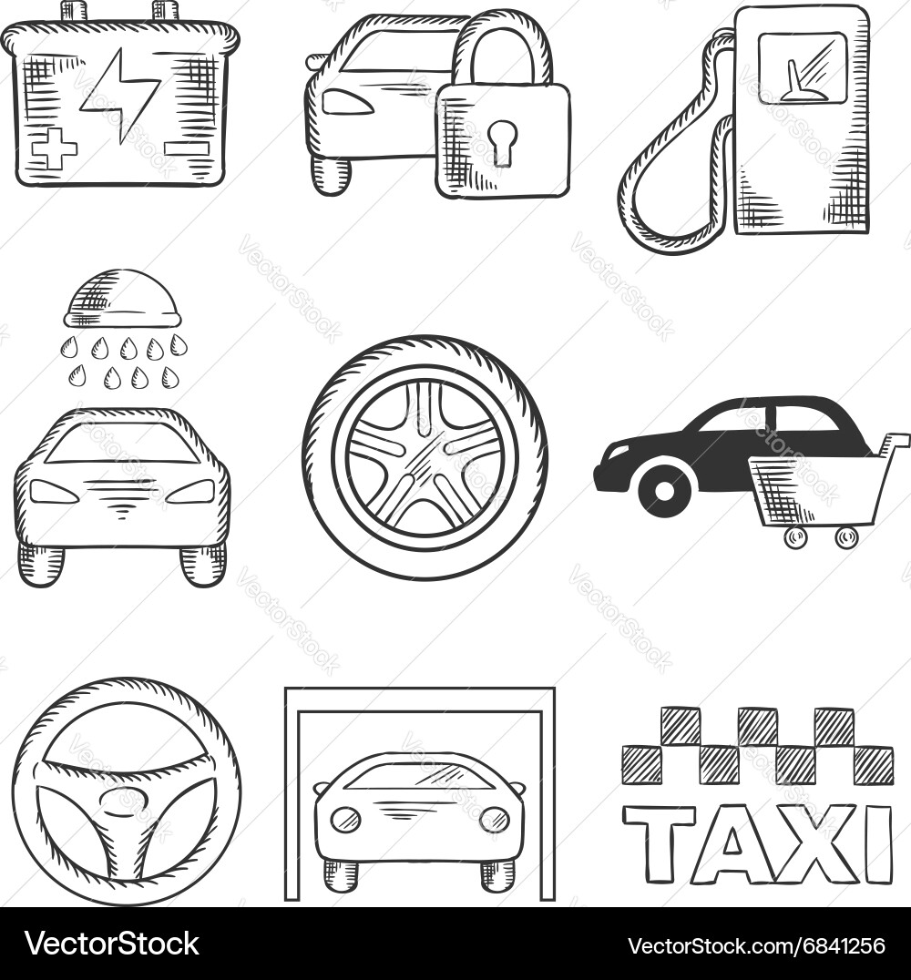 Sketched car service and transportation icons Vector Image