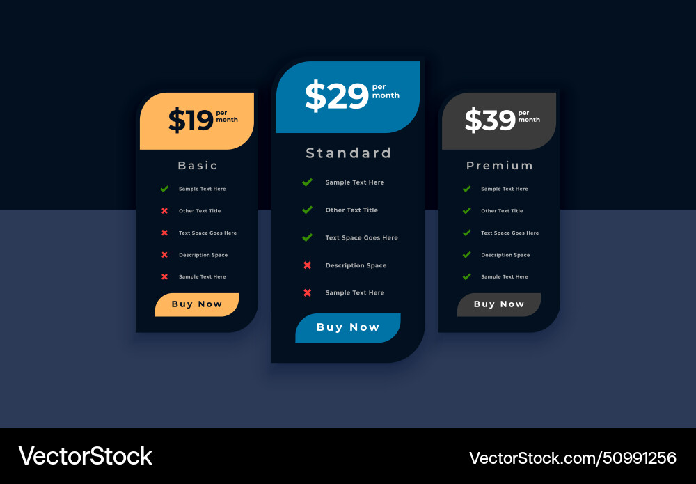 Three column price table layout for website vector image