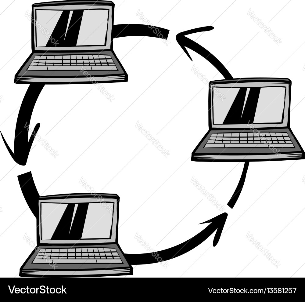 Datenaustausch zwischen drei Computersymbolen Vektorbild