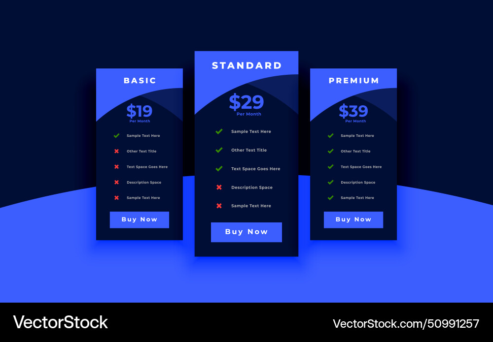Pricing or subscription plan chart layout for web Vector Image