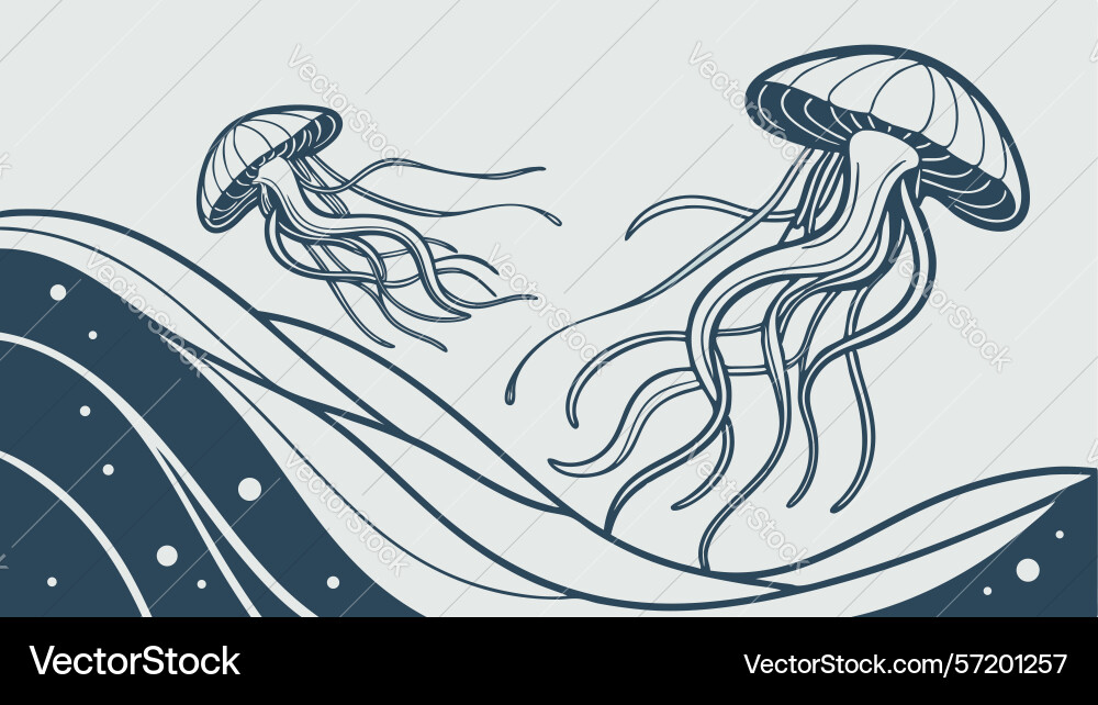 Whimsical jellyfish on abstract flowing Vector Image