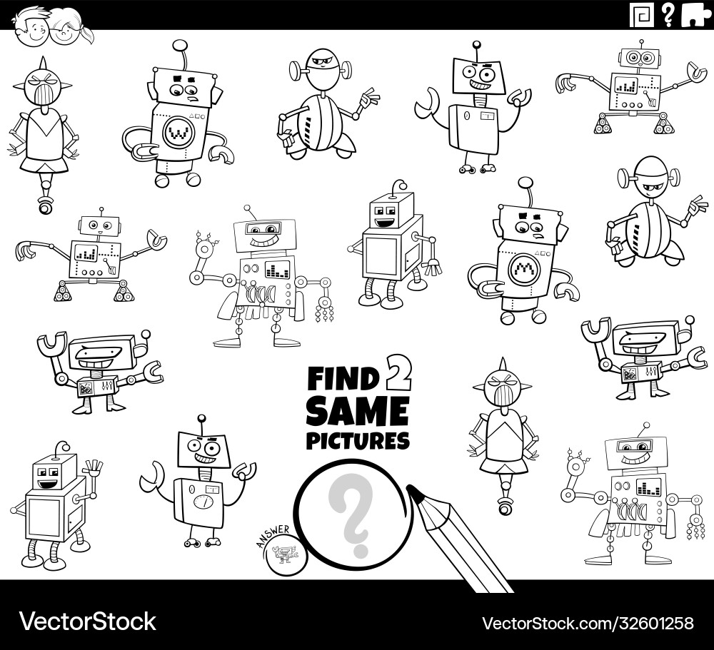 Find two same robots task coloring book page Find two same robots task coloring book page vector image