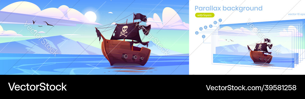 Parallax background for game pirate ship in sea Vector Image