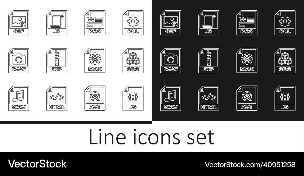 Set line js file document 3ds doc zip raw gif Vector Image