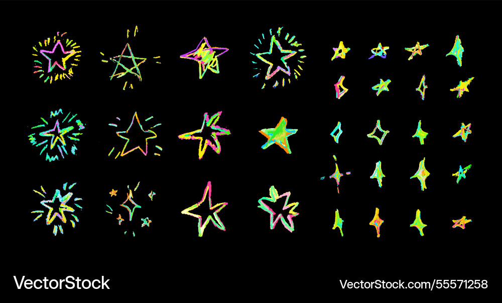 Set of colorful neon chalk drawing stars shine Vector Image
