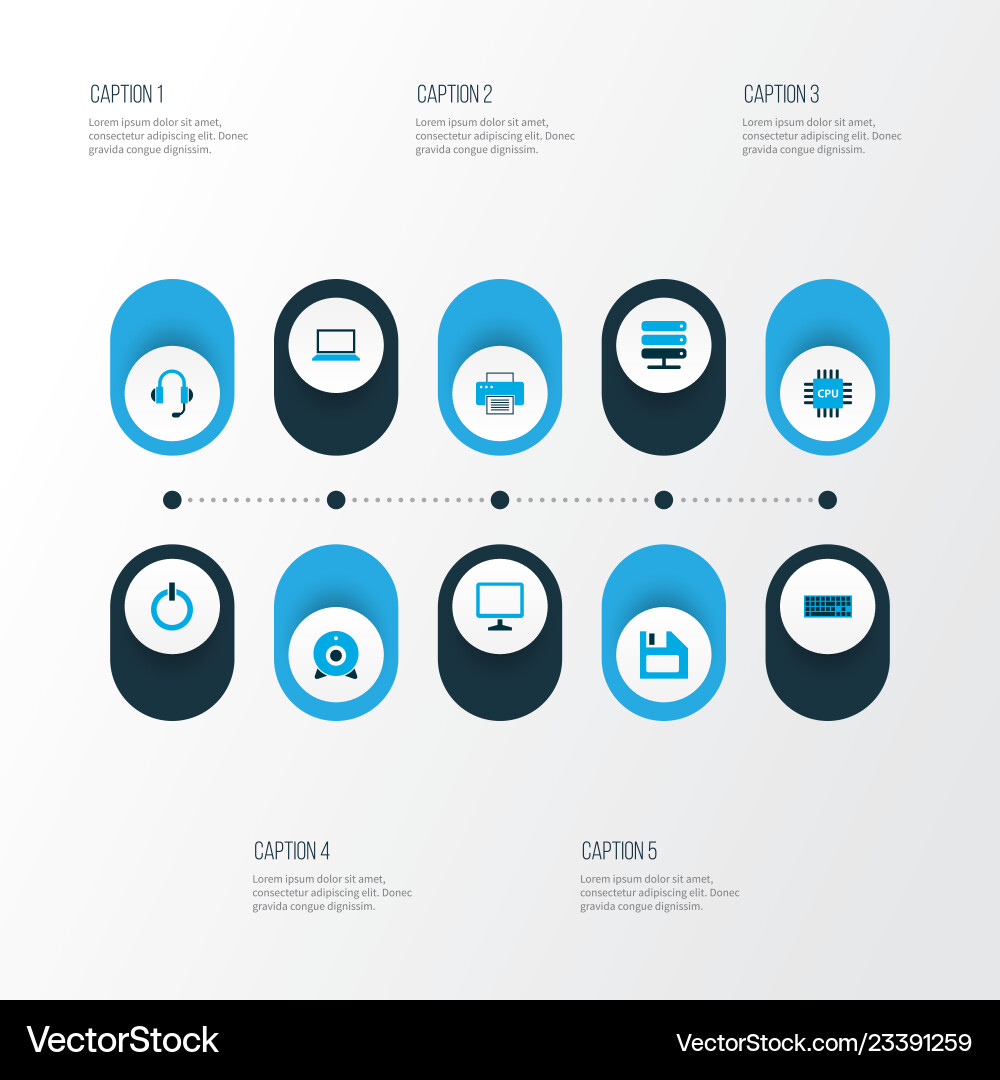 Hardware icons colored set with start button cpu Hardware icons colored set with start button cpu vector image