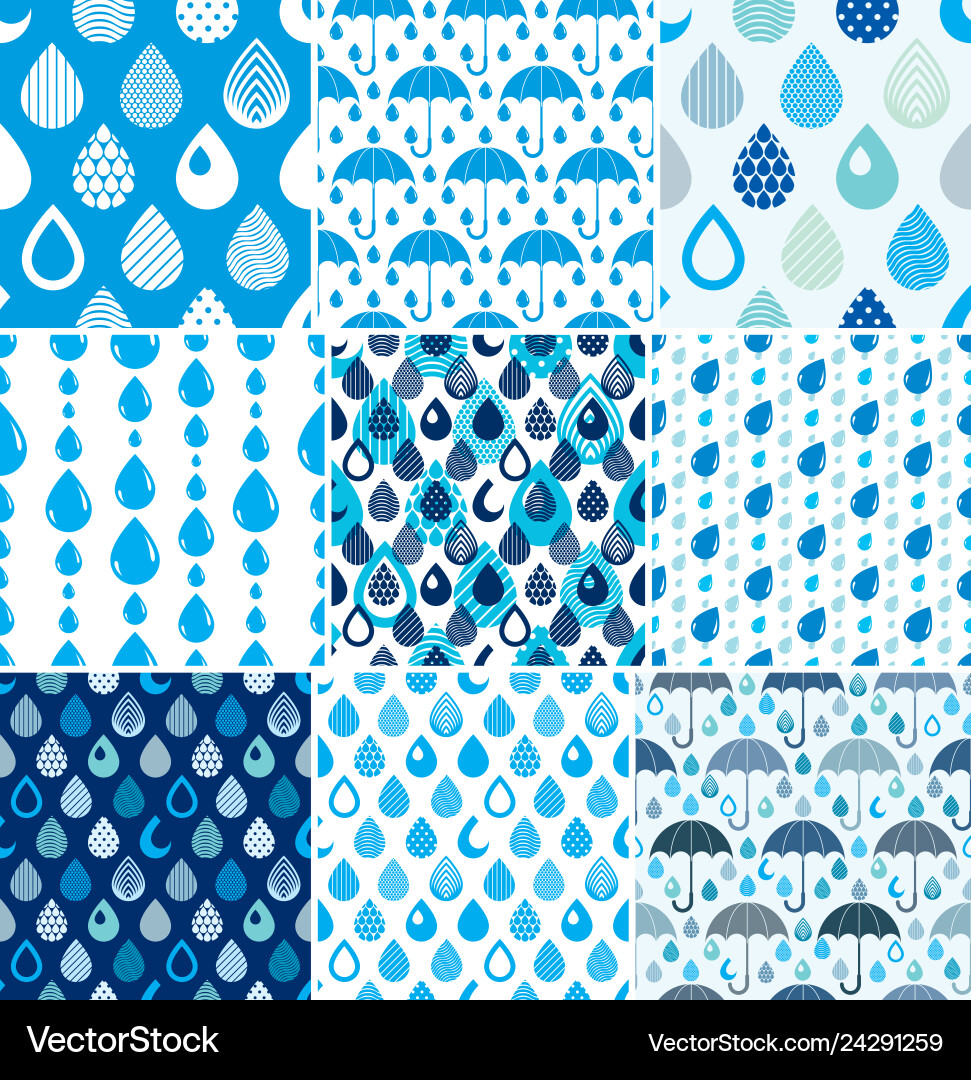 Rain drops and umbrellas seamless patterns set Rain drops and umbrellas seamless patterns set vector image