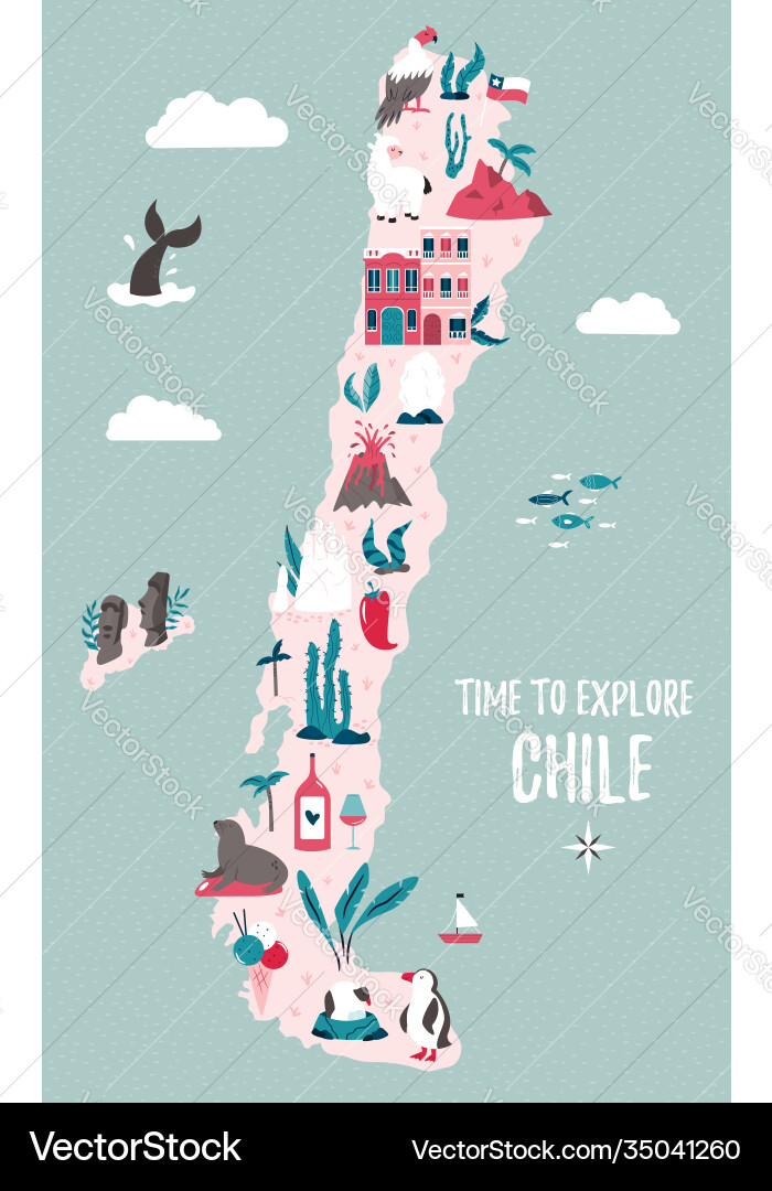Chile hand drawn map with famous symbols Chile hand drawn map with famous symbols vector image