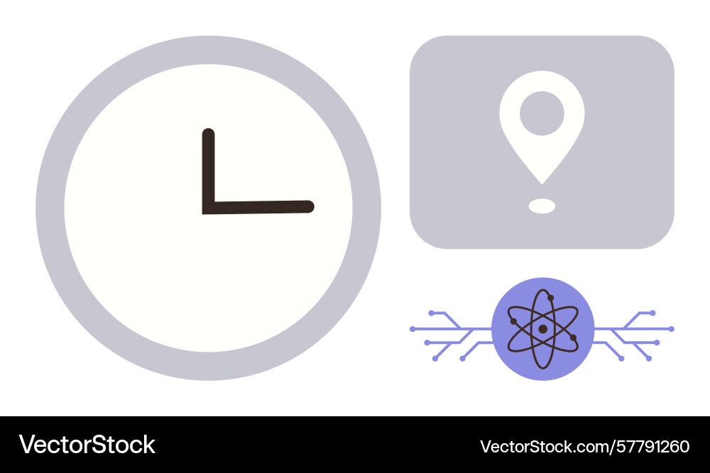 Clock location pin and atom with circuit lines Clock location pin and atom with circuit lines vector image