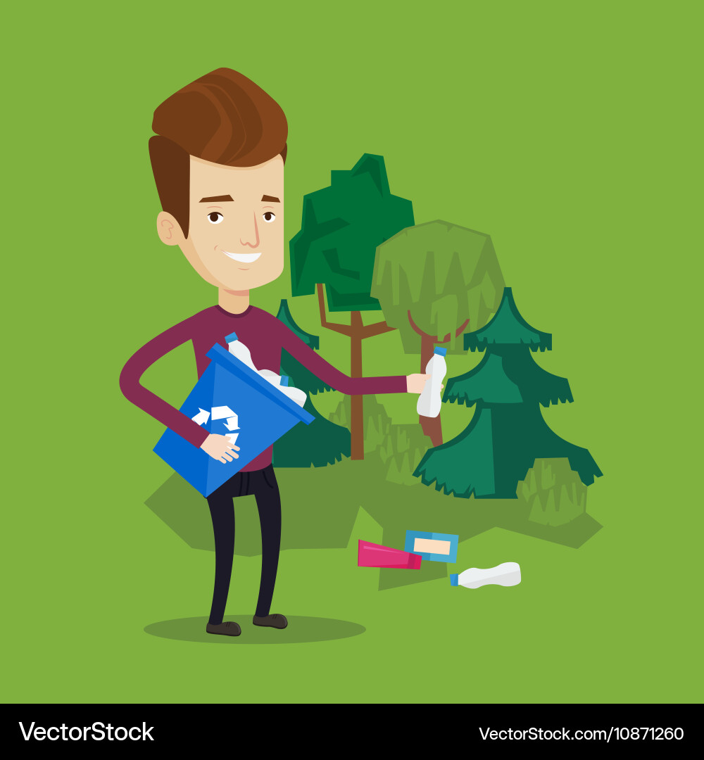 Man collecting garbage in forest vector image