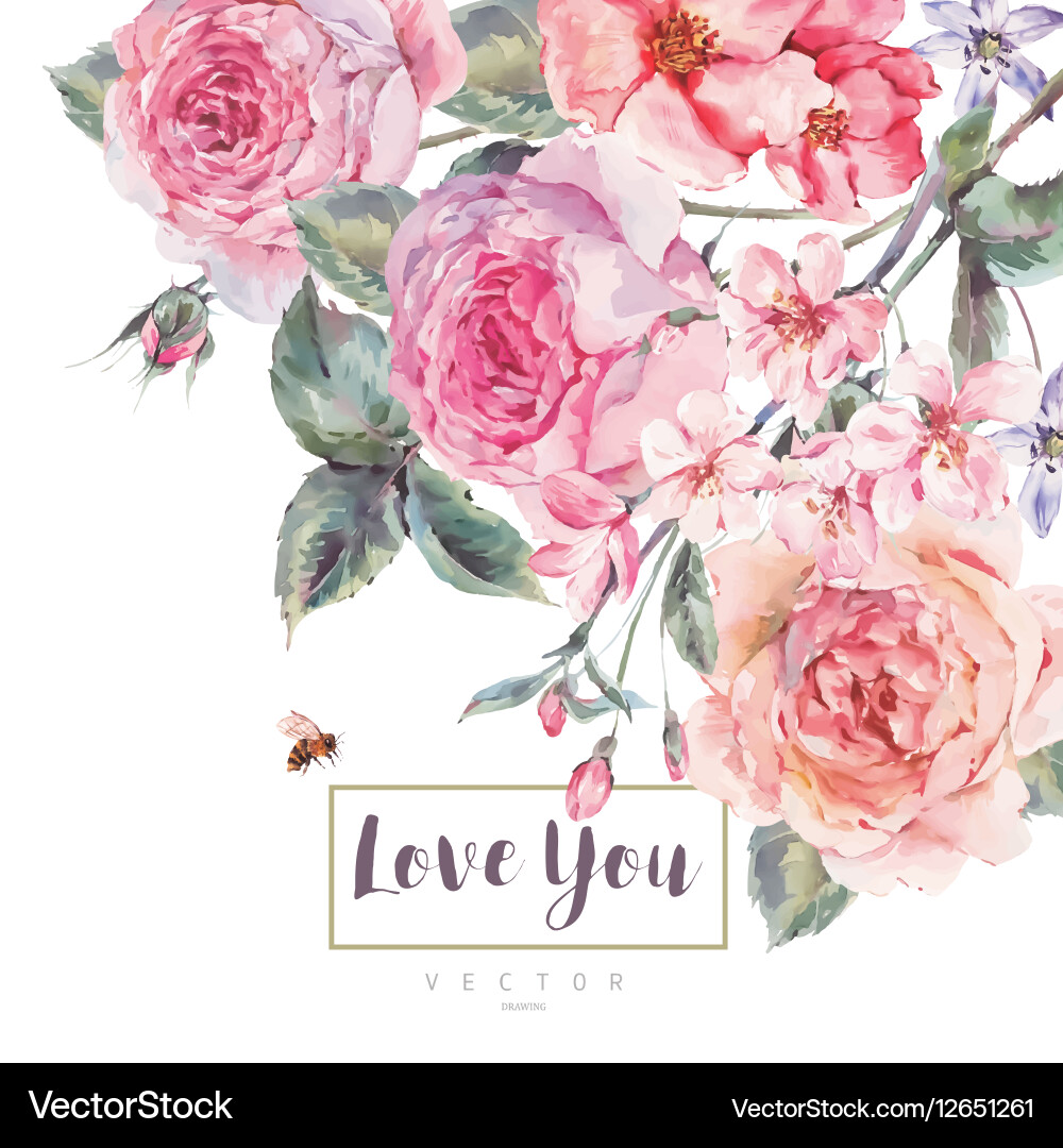 Romantic Floral Bouquet - Pink Roses & Cherry Vector Image