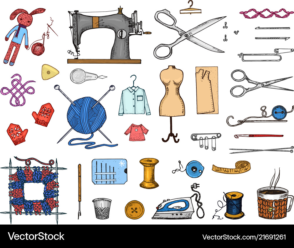 Set sewing tools and materials or elements Vector Image