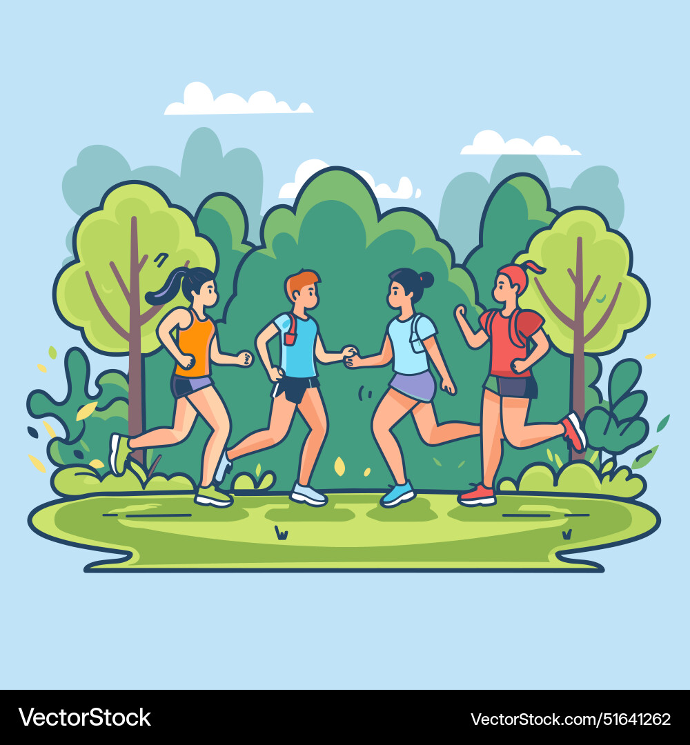 Four animated characters jogging park setting Four animated characters jogging park setting vector image