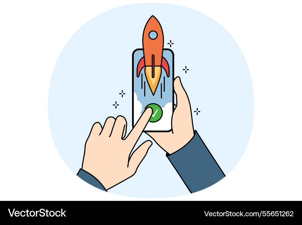 Hands and phone with rocket symbolizing fast Hands and phone with rocket symbolizing fast vector image