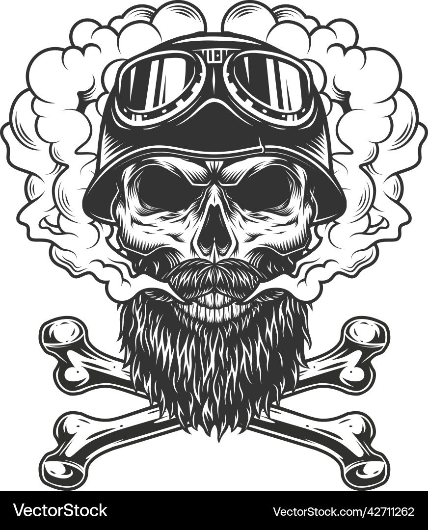 Monochrome biker skull in smoke cloud Vector Image