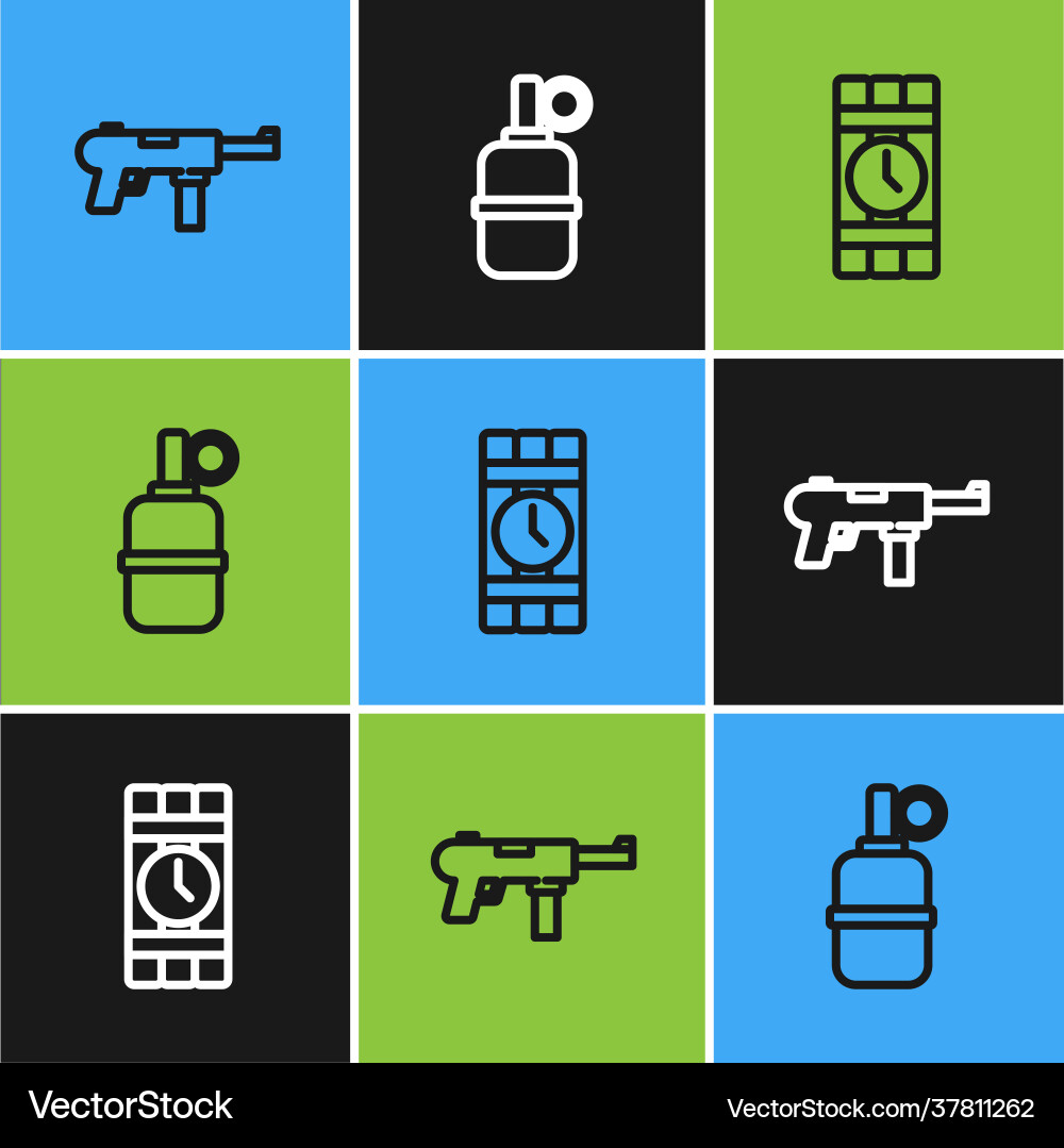 Set line submachine gun m3 dynamite and timer Set line submachine gun m3 dynamite and timer vector image