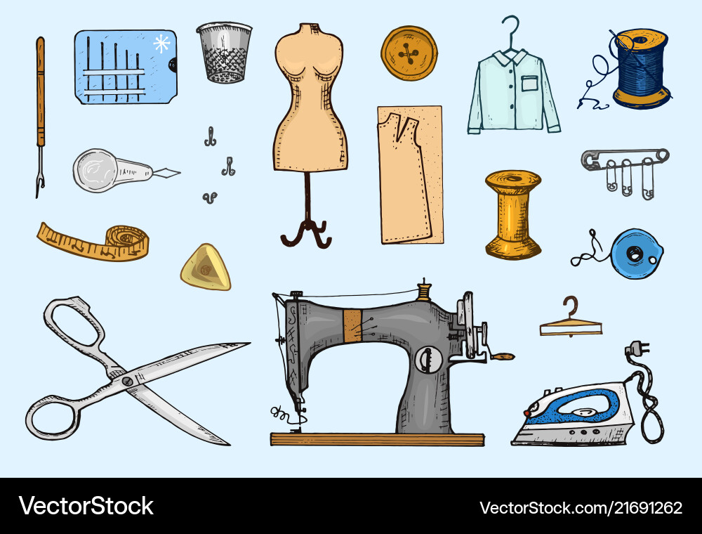 Set sewing tools and materials or elements Vector Image