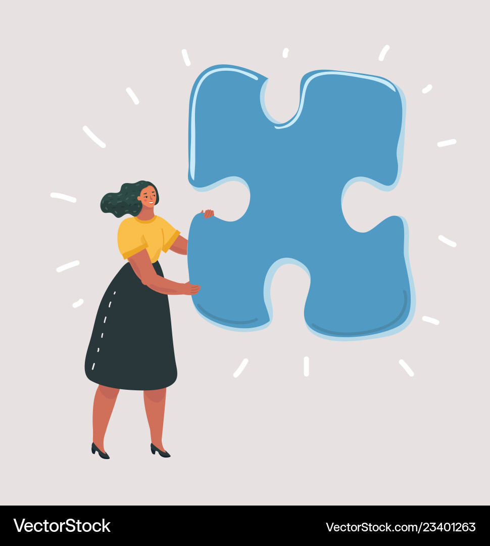 Isolierte Frau mit großem Puzzle auf weiß Isolierte Frau mit großem Puzzle auf weiß vektorbild