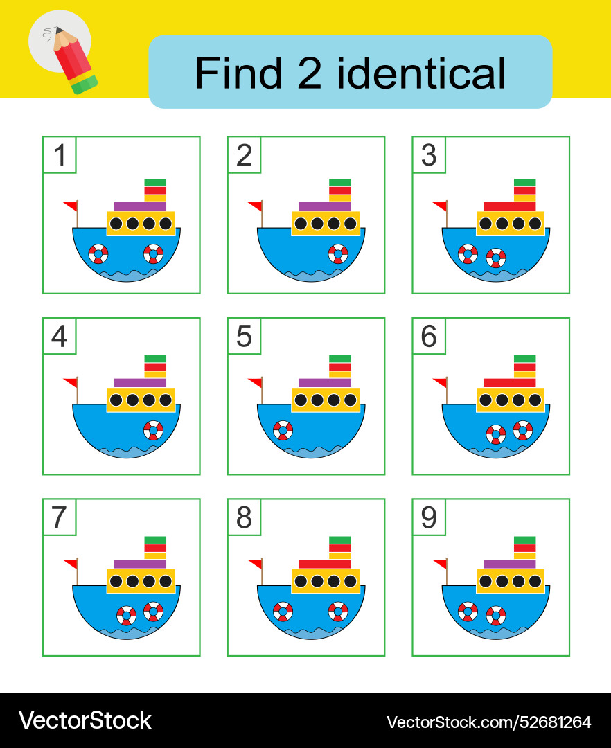Puzzle game find two identical ships Vector Image