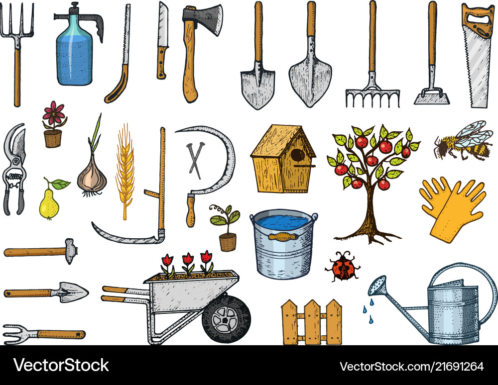Set of gardening tools or items hose reel fork Set of gardening tools or items hose reel fork vector image