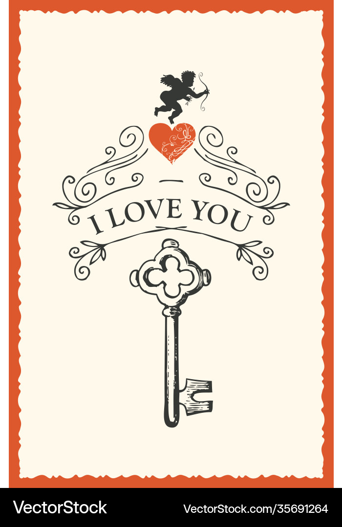 Vintage valentine card with key heart and cupid vector image