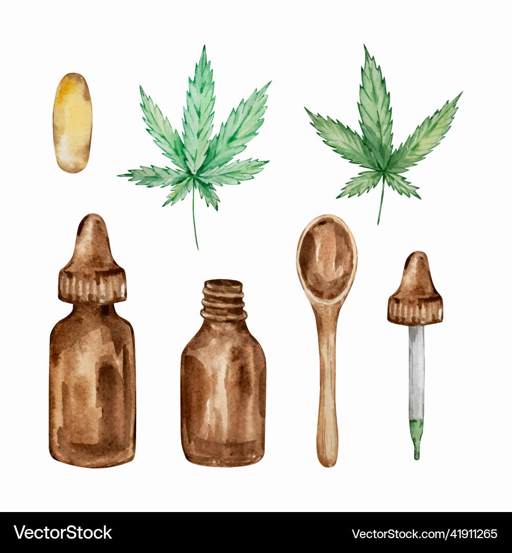 Aquarell-Set von grünen Cannabisblättern und Glas Aquarell-Set von grünen Cannabisblättern und Glas vektorbild