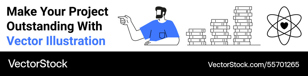 Man pointing at stacked coins and atomic symbol Man pointing at stacked coins and atomic symbol vector image