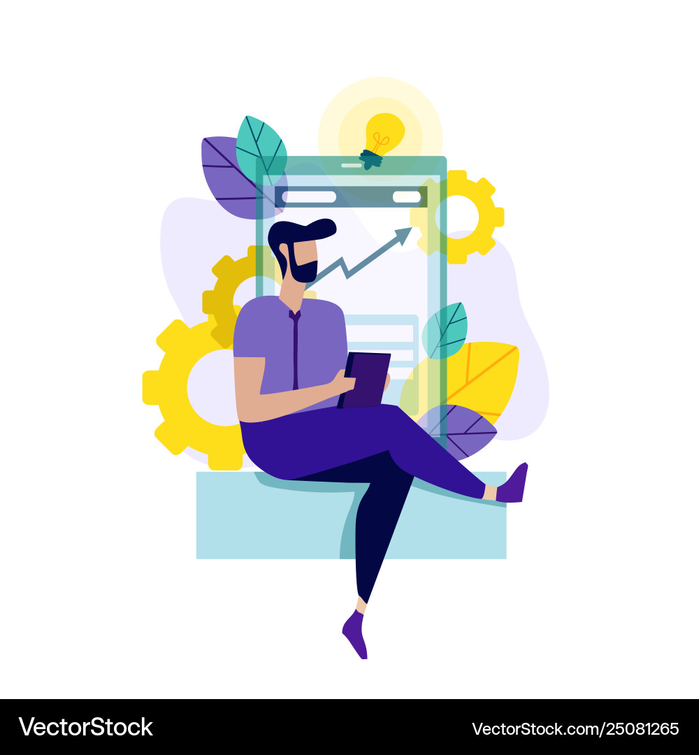 Man working on tablet with analytical graphs card Man working on tablet with analytical graphs card vector image