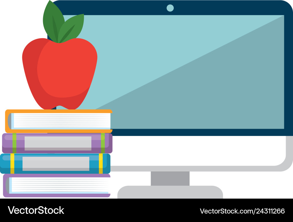 Pile text books with apple and computer Pile text books with apple and computer vector image