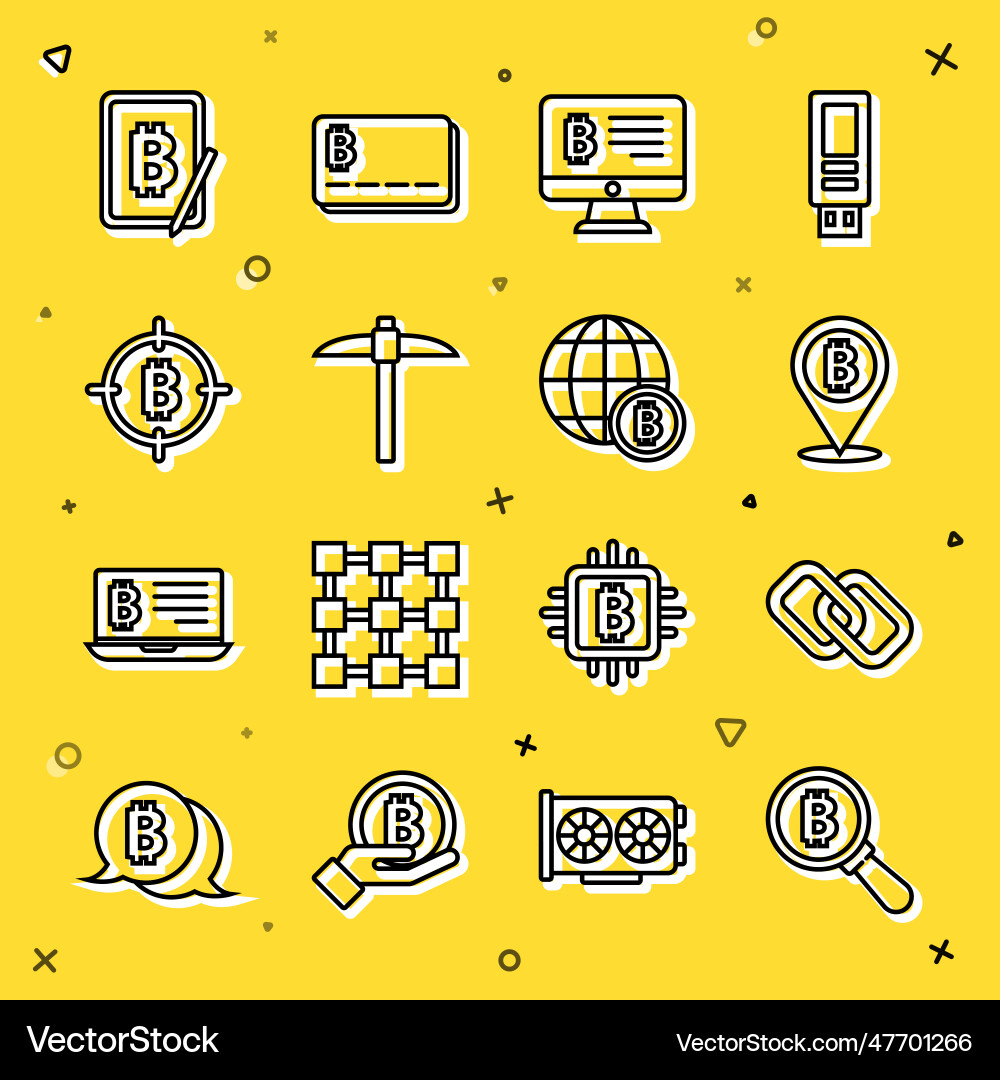 Set line magnifying glass with bitcoin chain link Set line magnifying glass with bitcoin chain link vector image