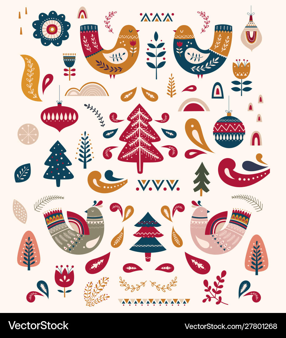Scandinavian Christmas Birds & Trees vector image