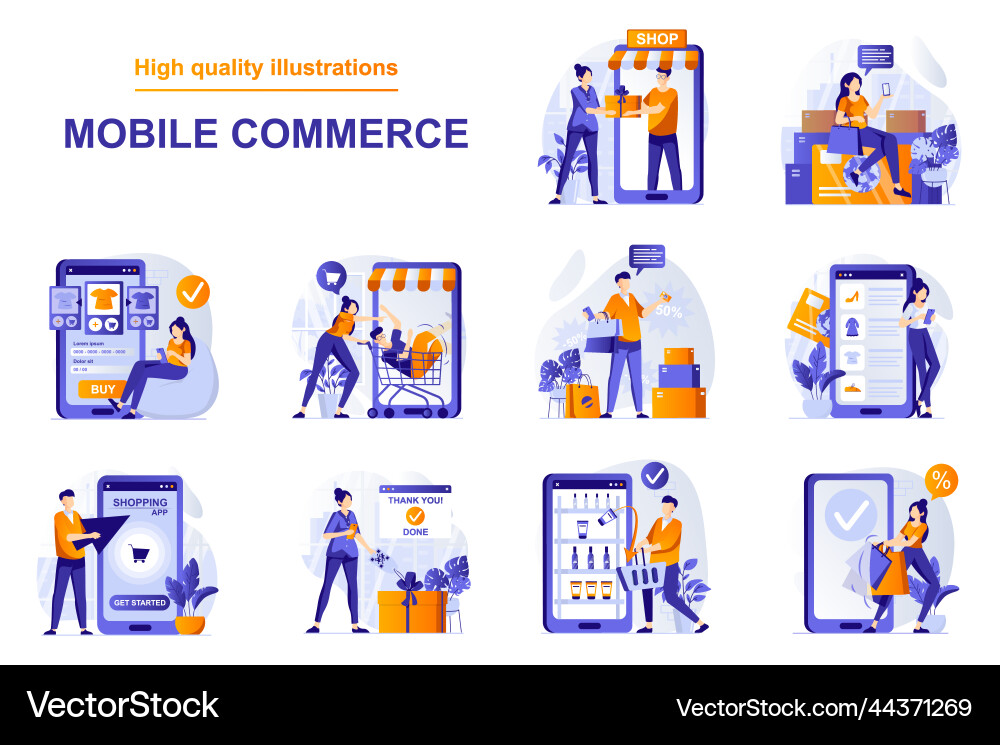 Mobile Commerce Web-Konzept mit Menschen Szenen Set Mobile Commerce Web-Konzept mit Menschen Szenen Set vektorbild