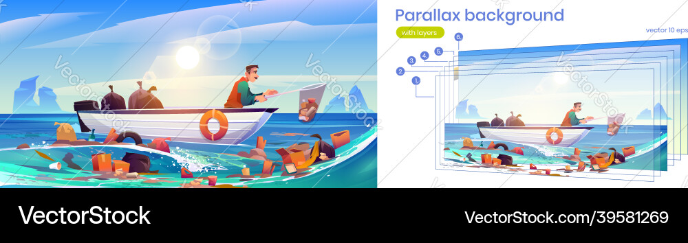 Parallax background ocean polluted water cleanup Parallax background ocean polluted water cleanup vector image
