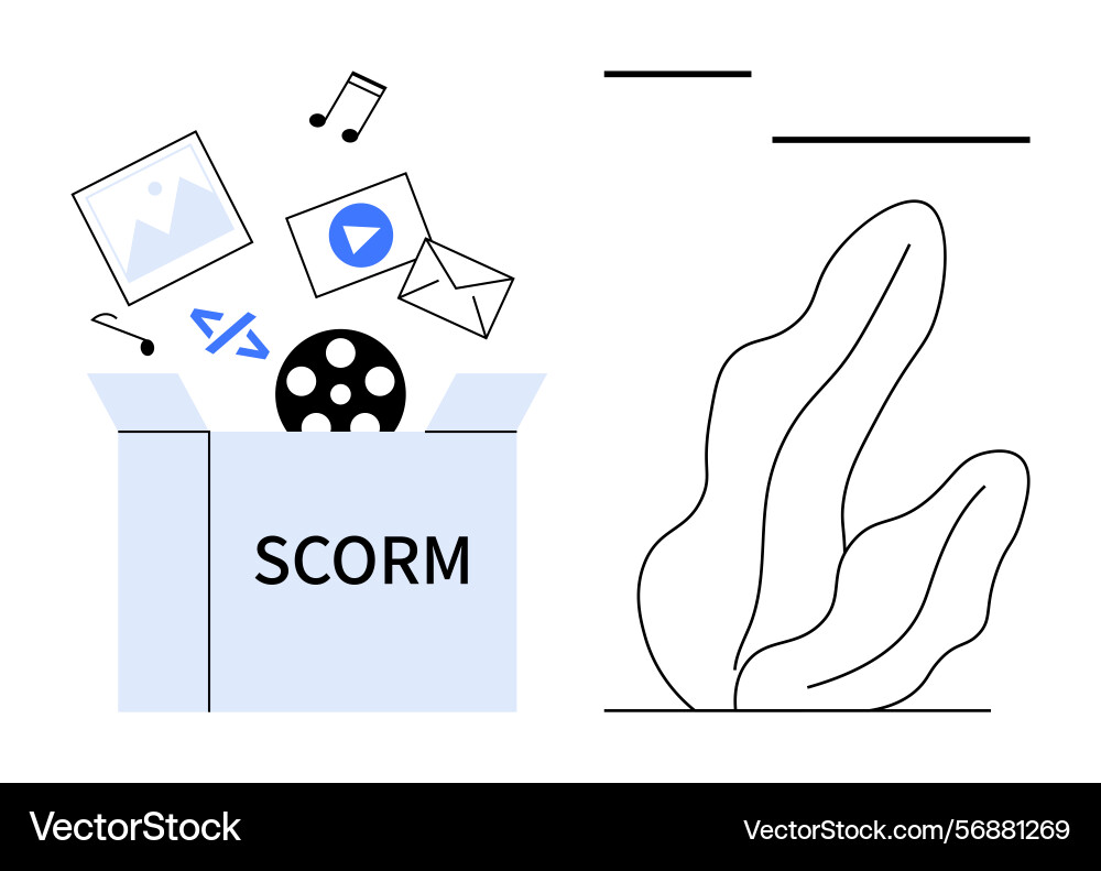 Scorm box with multimedia elements representing e Scorm box with multimedia elements representing e vector image