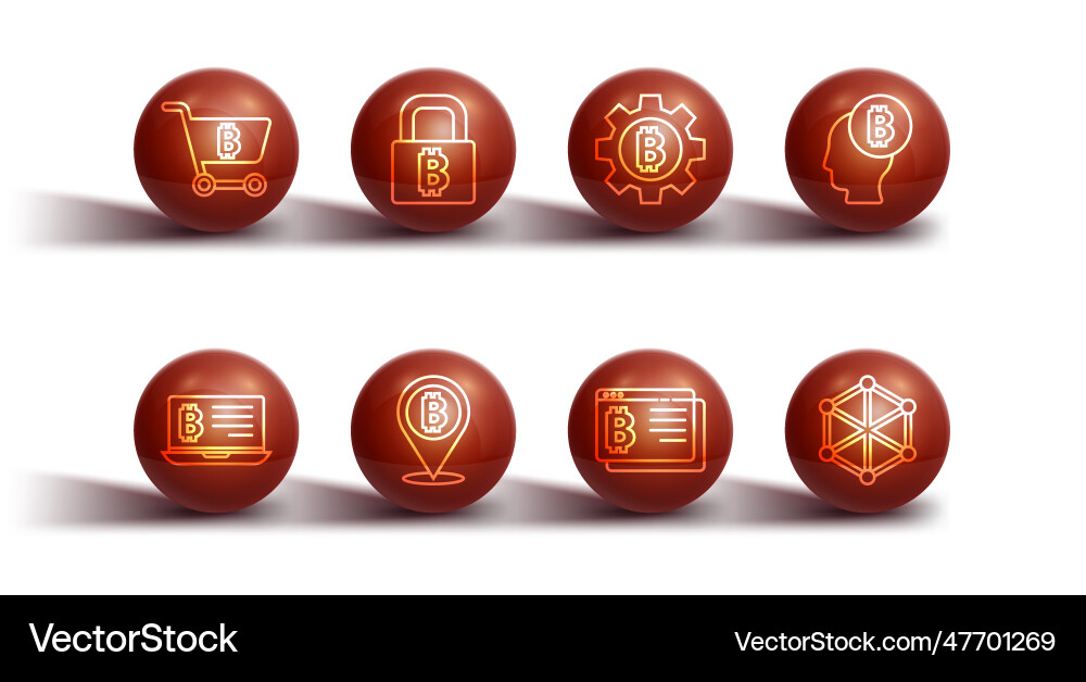 Set line shopping cart with bitcoin mining from Set line shopping cart with bitcoin mining from vector image