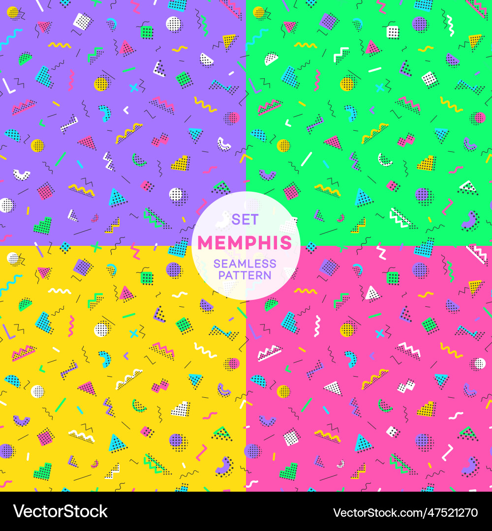 Set of memphis seamless pattern with different Set of memphis seamless pattern with different Vector Image