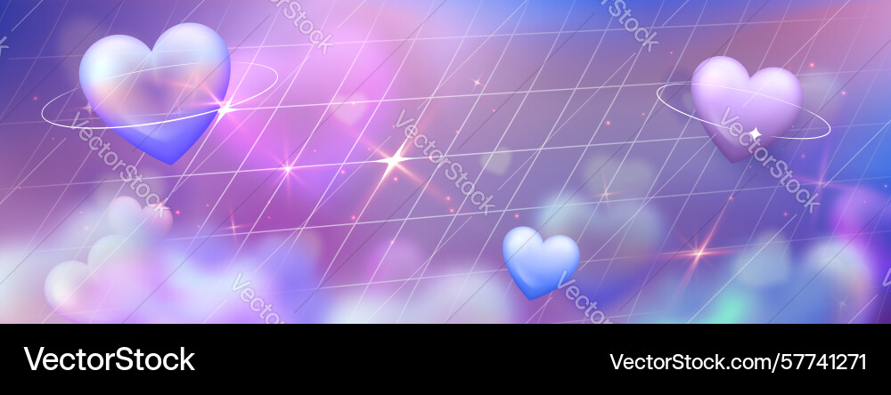 Glossy hearts float on pink blue gradient grid Vector Image