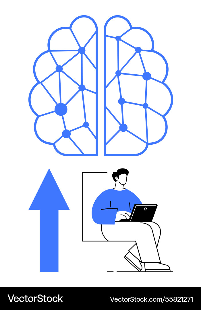 Man using laptop with brain network and upward Man using laptop with brain network and upward vector image