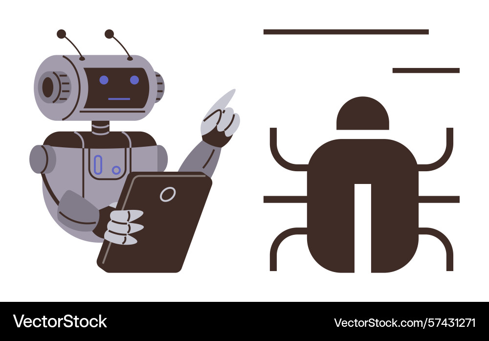 Robot analyzing digital bug using tablet vector image