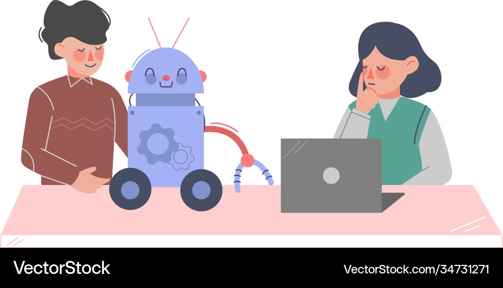 School students characters programming robot boy School students characters programming robot boy vector image