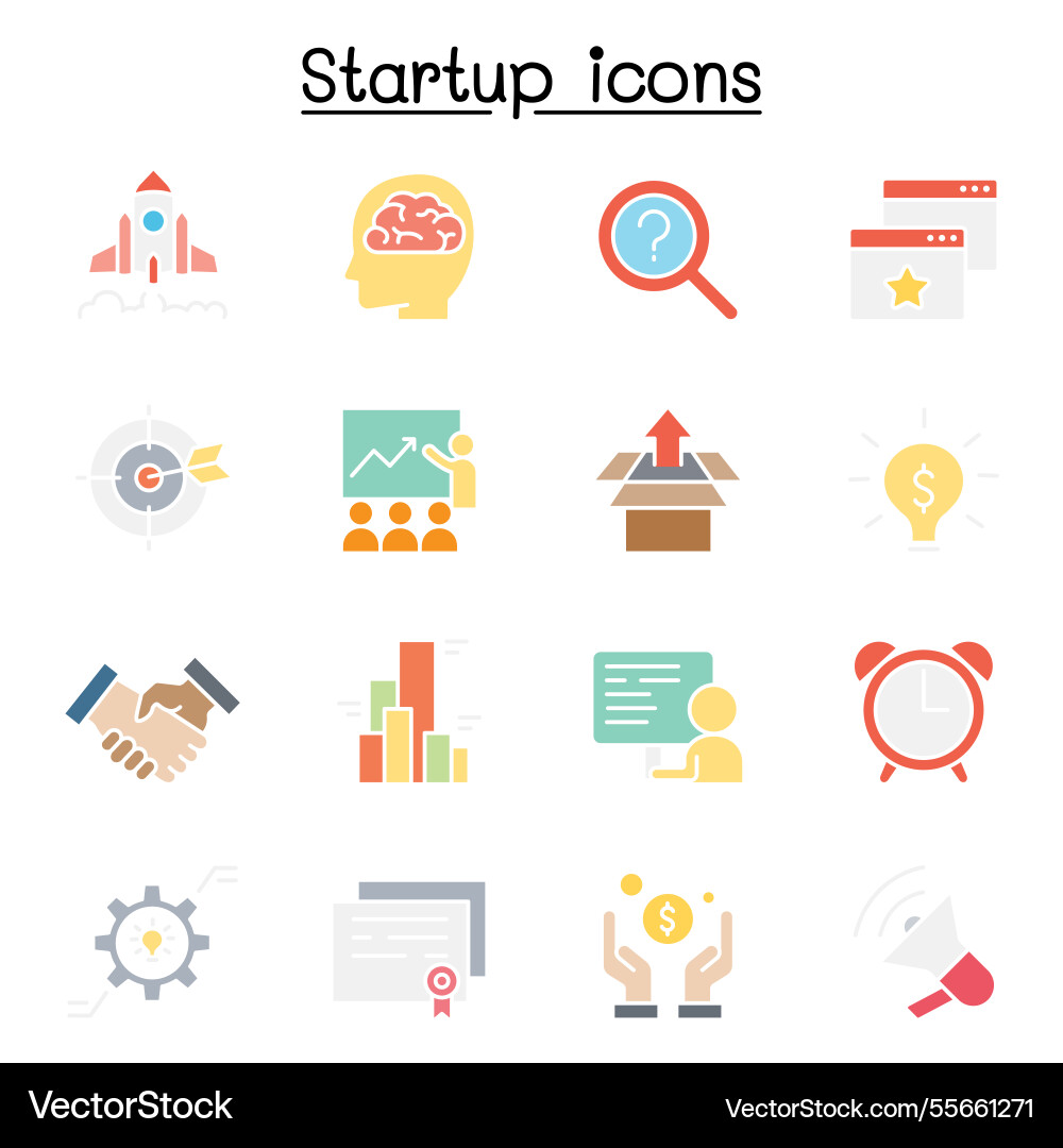 Startup icon set in flat color style Startup icon set in flat color style vector image