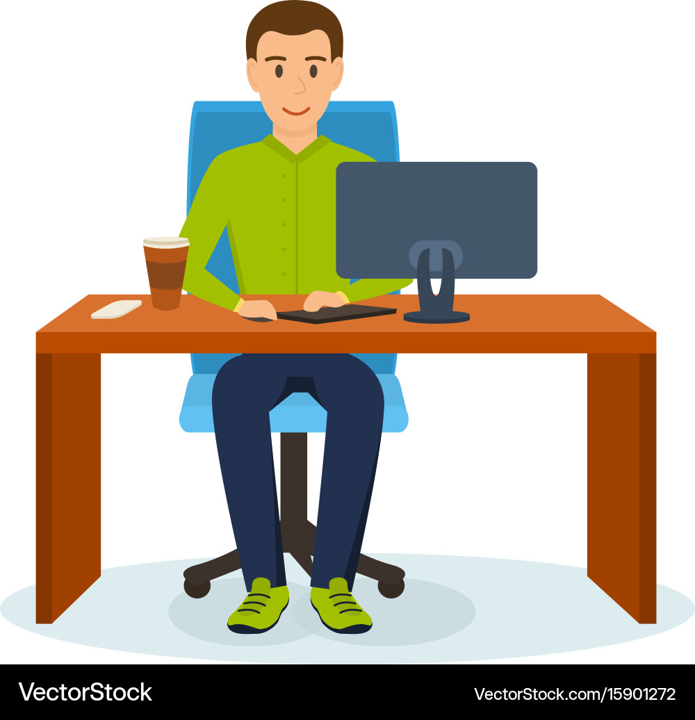 Man working at computer table sipping coffee vector image