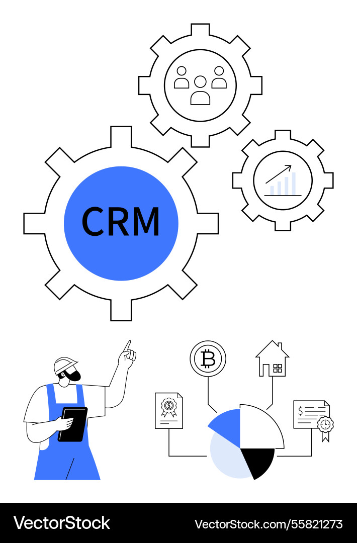 Crm system gears with analyst managing data Crm system gears with analyst managing data vector image