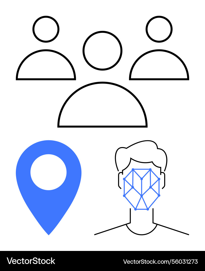 Facial recognition with geolocation pin and group Facial recognition with geolocation pin and group vector image