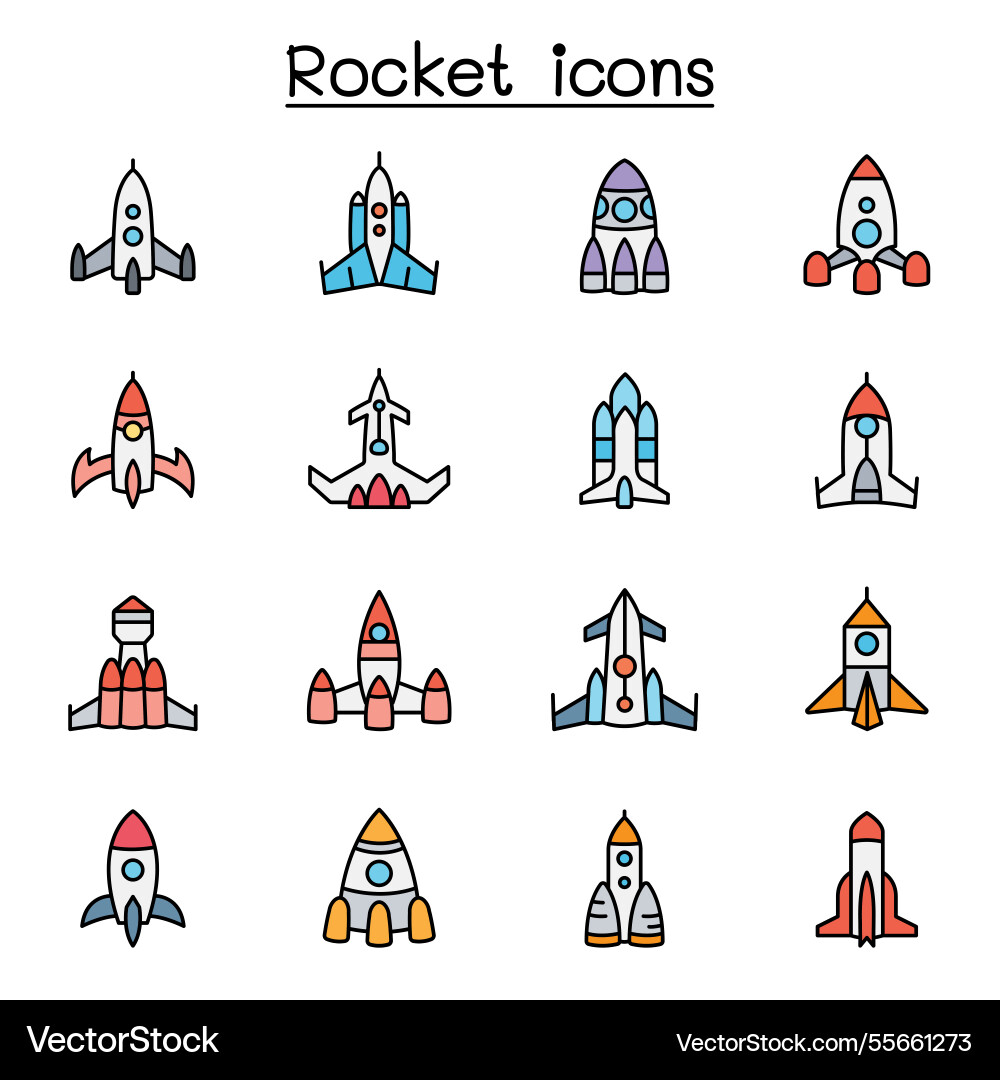 Rocket spaceship spacecraft icon set in color Rocket spaceship spacecraft icon set in color Vector Image