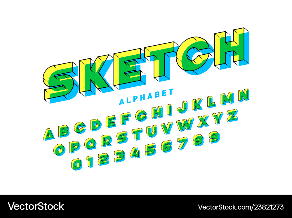 Sketchy 3D Alphabet Font Set Vector Image