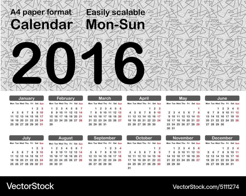 2016 Calendar Template - Linear Background Vector Image